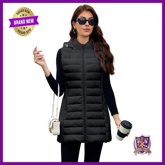 Long Puffer Vest with Hood Lightweight Packable Sleeveless Women's Vest